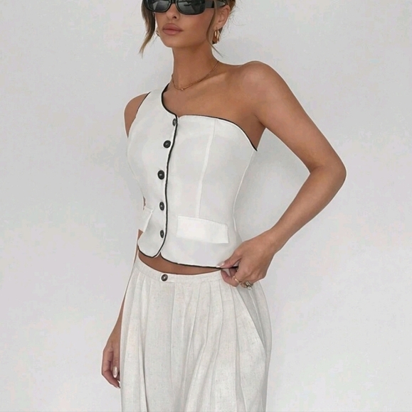 Contrast Color OneShoulder WhiteSuit Vest White One Shoulder Suit Vest Tank Top - Picture 2 of 5